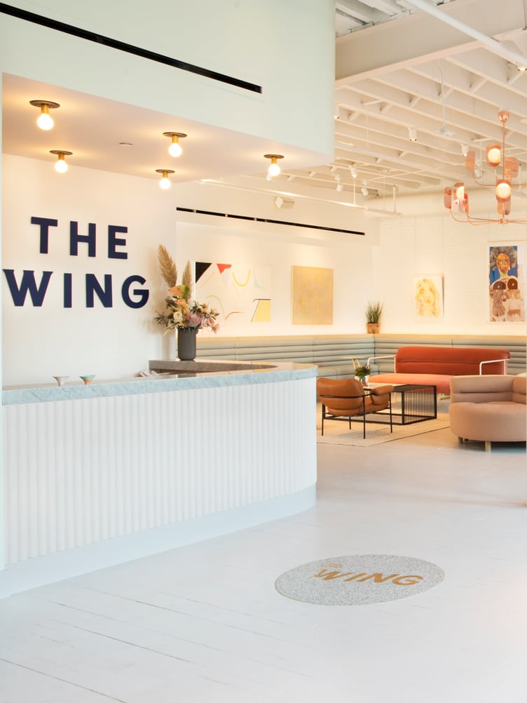 The Wing co-working space Chiara deRege with 70s style couch and accent chairs.
