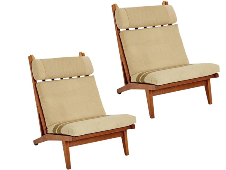 Hans Wegner danish GE 375 lounger with wood frame and tan upholstery