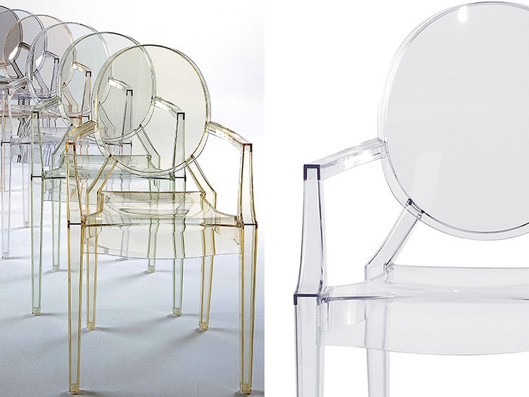 Philippe Starck reinvented the classic Louis XVI armchair for Italian design company Kartell in transparent lucite 