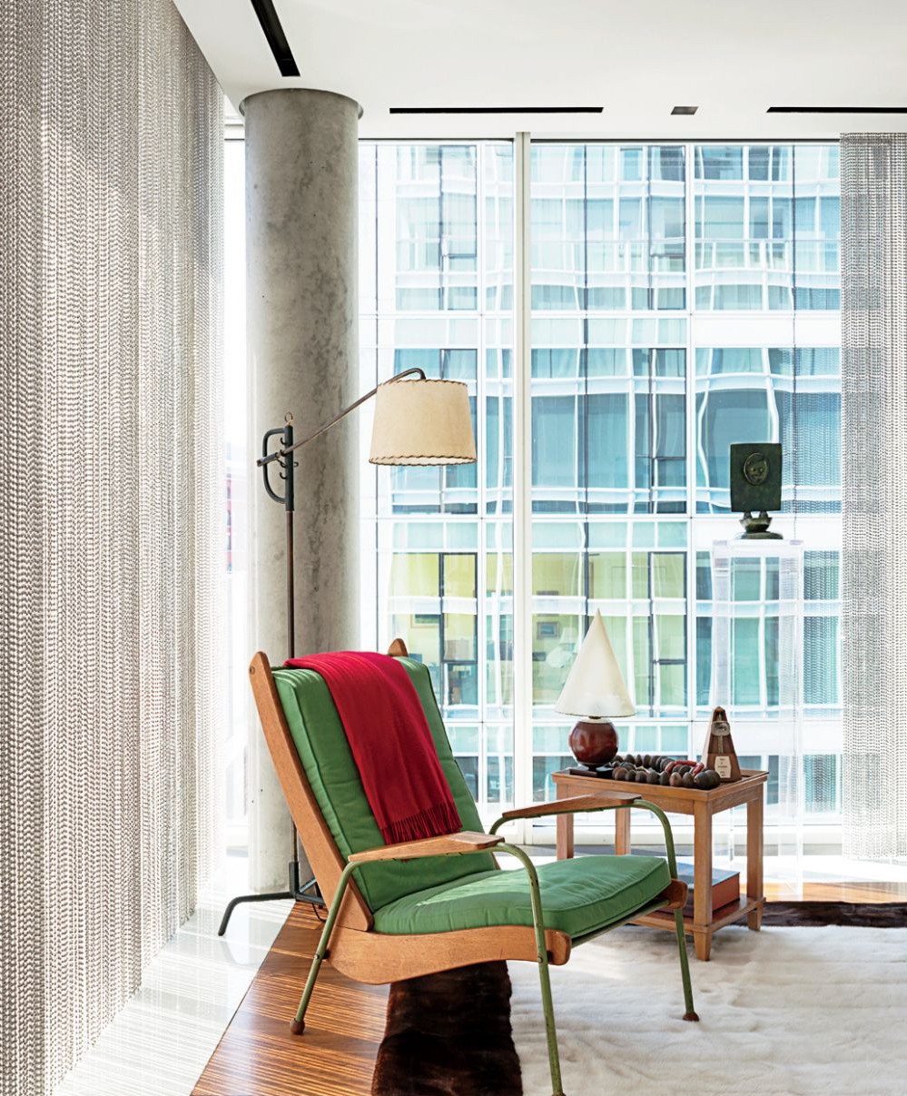 preston phillips interior design reading chaise floor lamp rug green upholstery curtains
