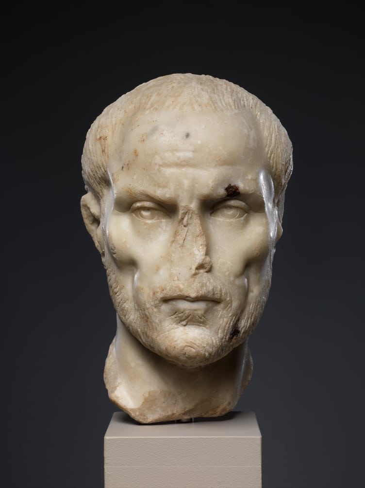 A Roman marble portrait likely sculpted in the 3rd century A.D on display at the Metropolitan Museum of Art. 
